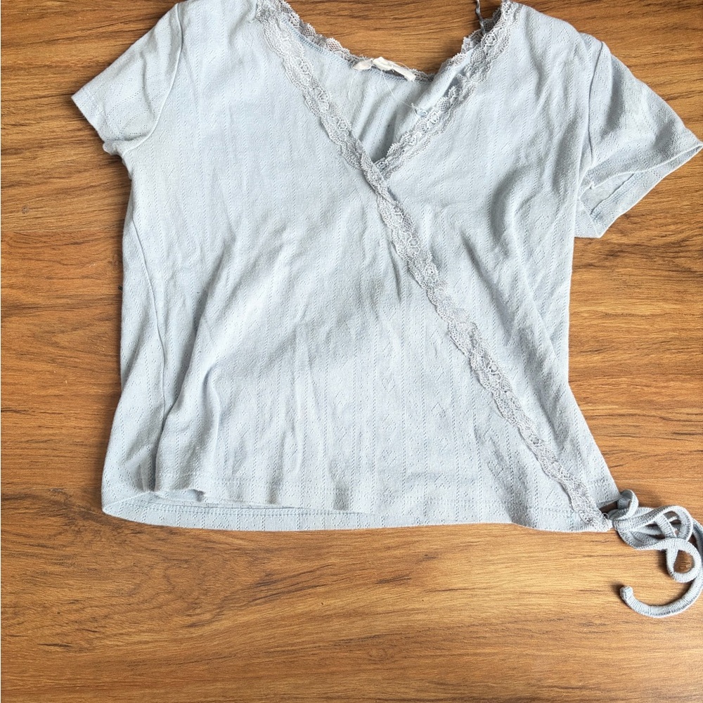 Pink Rose Light Gray Lace Wrap Tee